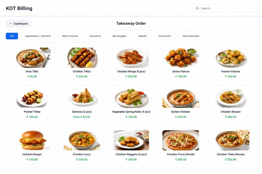 KOT Billing dashboard — myKitchenMate restaurant POS